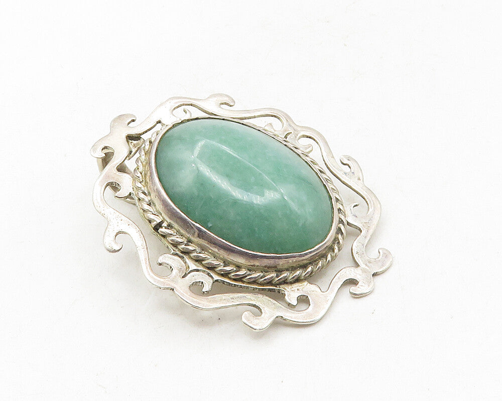 LM MEXICO 925 Silver  Vintage Cabochon Cut Jade Swirl Brooch Pin  BP3621