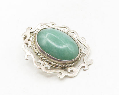 LM MEXICO 925 Silver  Vintage Cabochon Cut Jade Swirl Brooch Pin  BP3621
