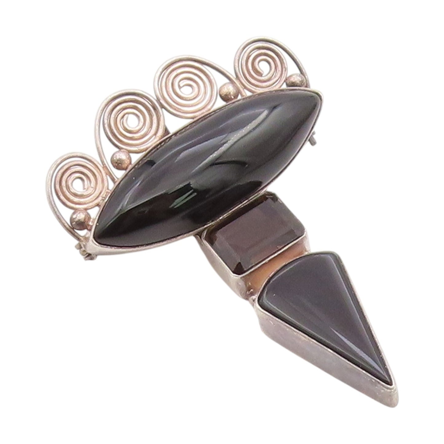 925 Sterling Silver Vintage Brooch SAJEN Smoky Quartz & Onyx Swirly Pin  BP11955