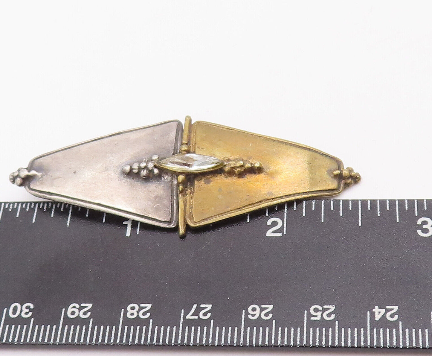 925 Sterling Silver Vintage Brooch Pin Two Tone Beaded Triangles Topaz  BP10925