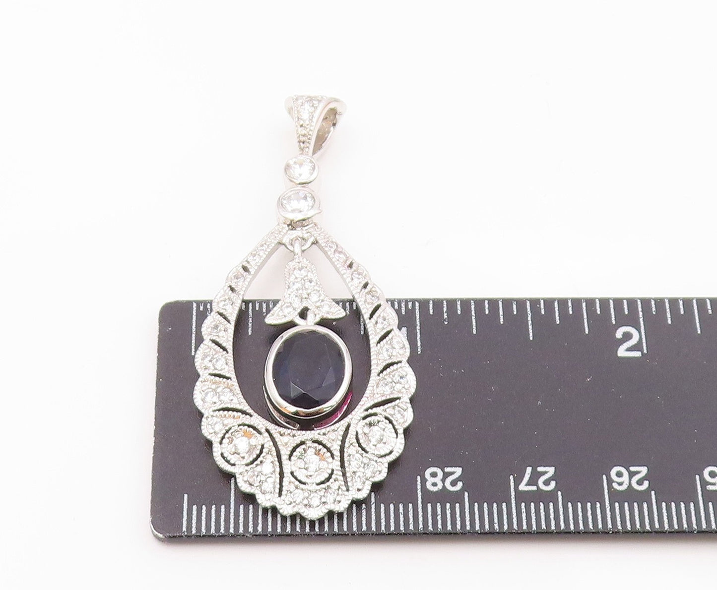 925 Silver  Vintage Stunning Sapphire & Cubic Zirconia Drop Pendant  PT21867