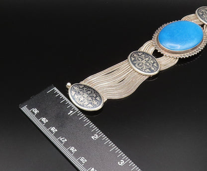 925 Silver  Vintage Oval Blue Howlite & Fleur De Lis Multi Row Bracelet BT9562