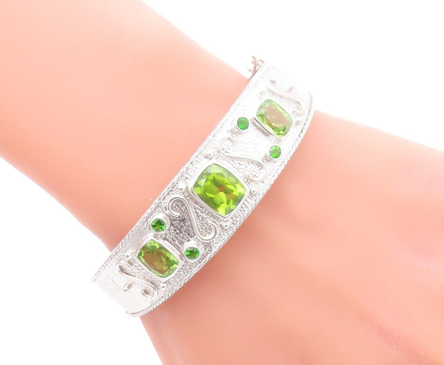 925 Sterling Silver Vintage Bracelet Solid Carved Rectangle Peridot  BT10721