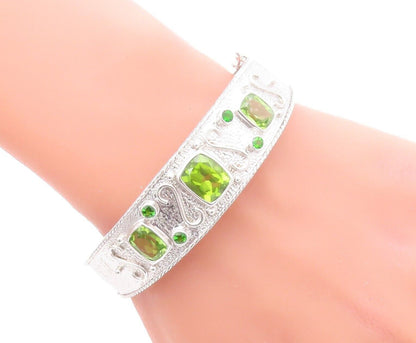925 Sterling Silver Vintage Bracelet Solid Carved Rectangle Peridot  BT10721