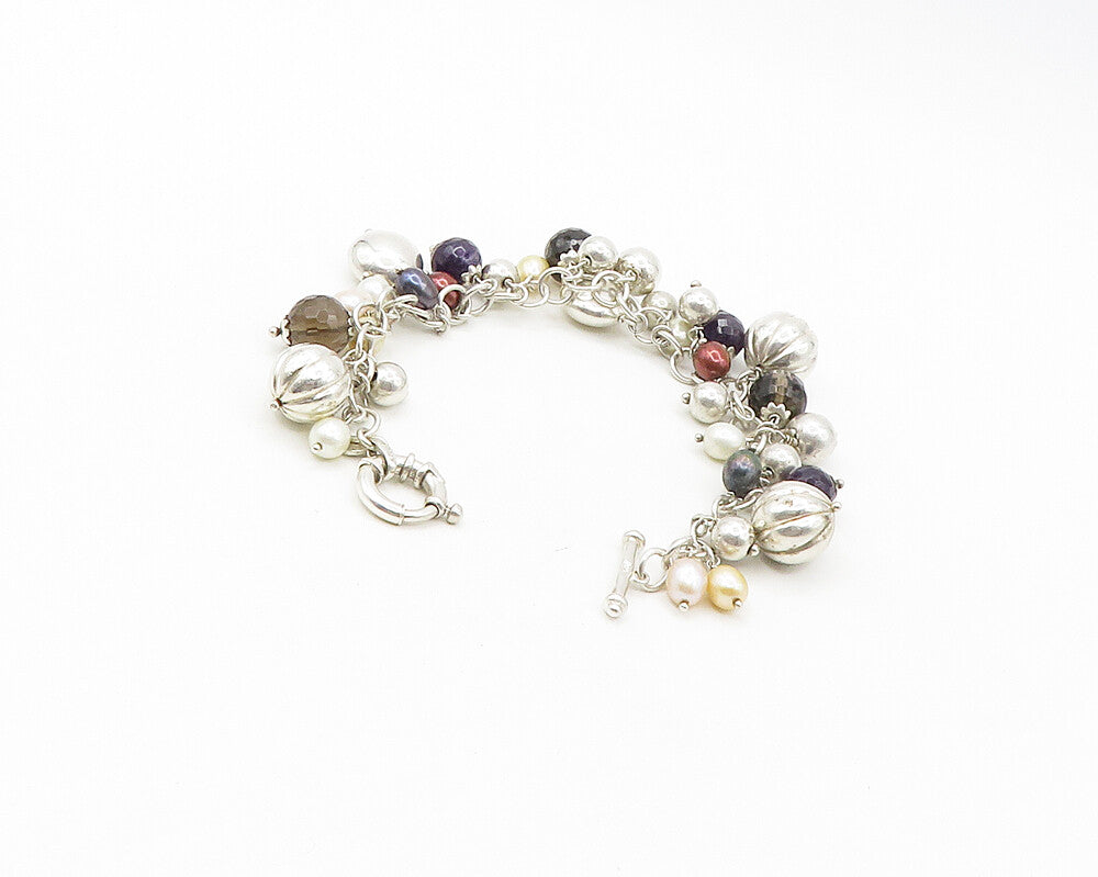 925 Silver  Vintage Shiny Pearls Hematite & Topaz Chain Bracelet  BT6905