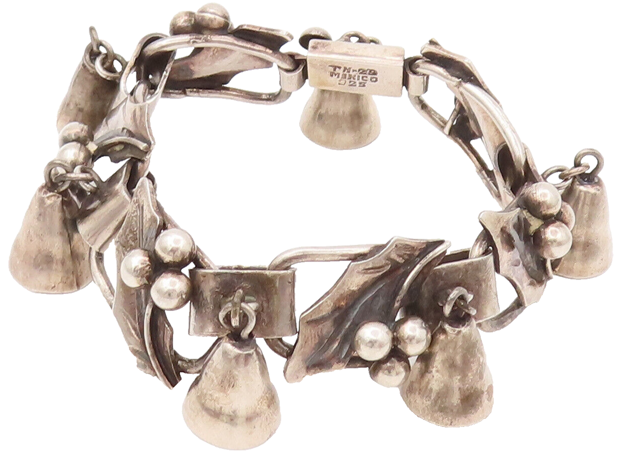 MEXICO 925 Silver  Vintage Framed Leaf With Cherry & Jingles  Bracelet  BT9869