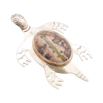 925 Sterling Silver Vintage Brooch MEXICO Oval Gemstone Turtle Cutout  BP11655