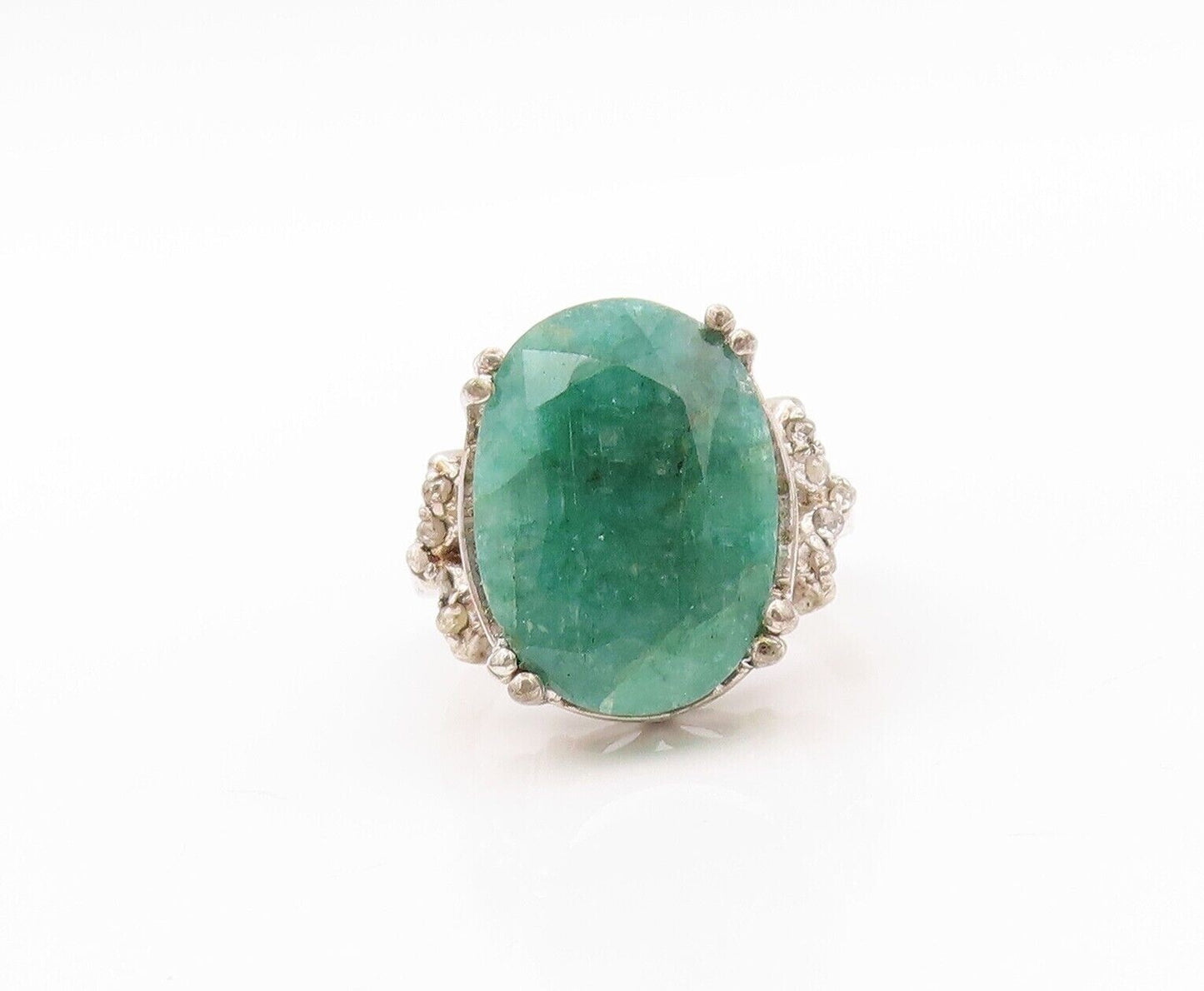 925 Sterling Silver Vintage Ring Diamonds Oval Cut Green Gemstone  Sz 8  RG30208