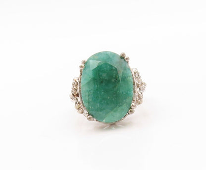 925 Sterling Silver Vintage Ring Diamonds Oval Cut Green Gemstone  Sz 8  RG30208