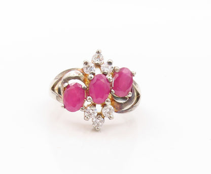 925 Sterling Silver Vintage Ring Swirly Floral Carved Ruby & CZ  Sz 7  RG30175