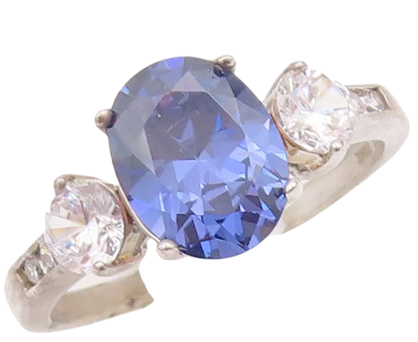 925 Sterling Silver Vintage Ring Oval Sapphire Round CZ Sidestone Sz 7.5 RG29042