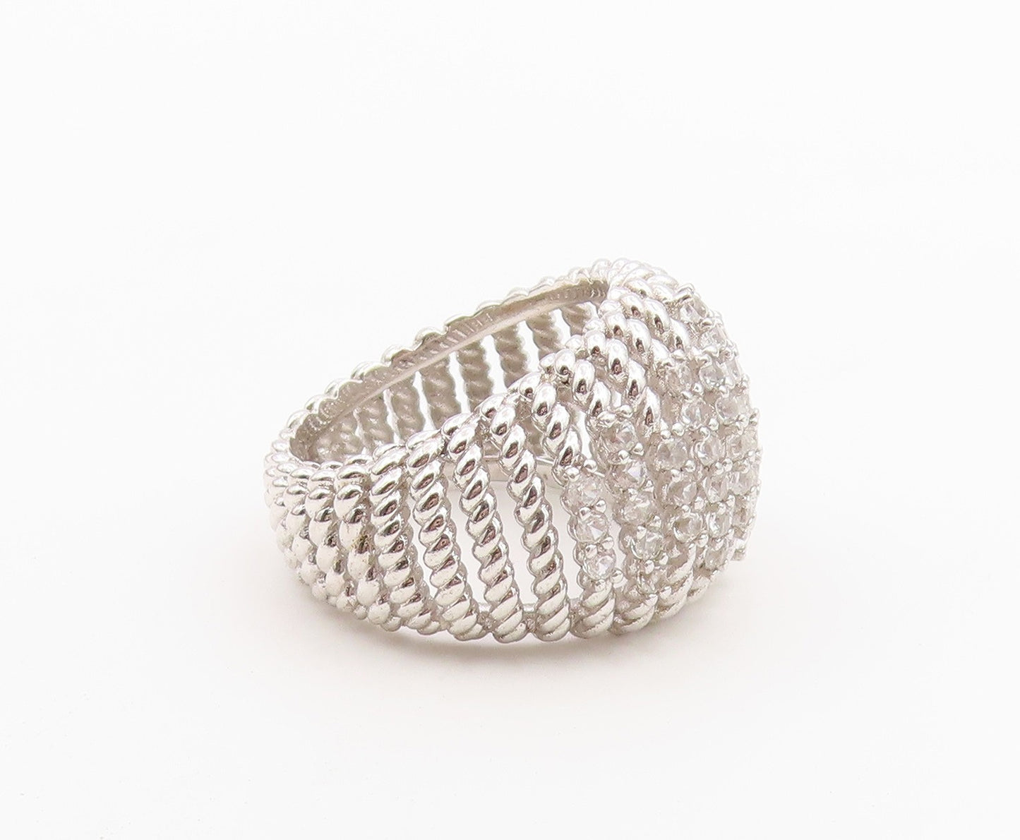 925 Sterling Silver Vintage Ring Round CZ Twisted Cable Band  Sz 7.5  RG36512