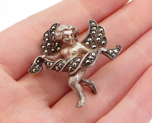 JUDITH JACK 925 Silver  Vintage Marcasite Sculpted Angel Brooch Pin  BP1973