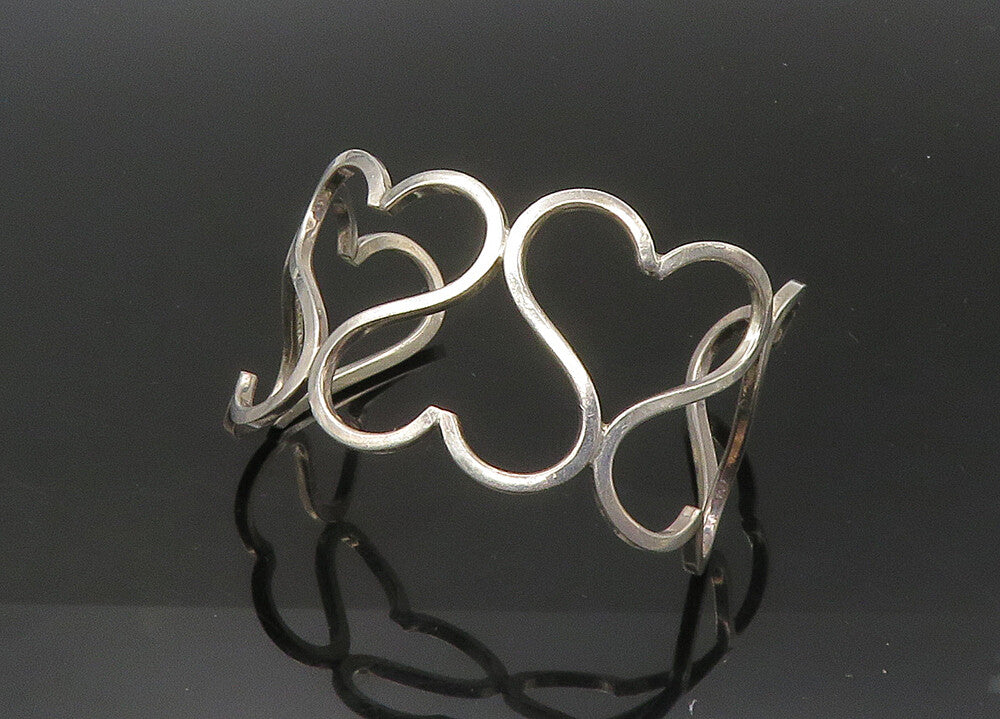 MEXICO 925 Silver  Vintage Shiny Up & Down Love Hearts Cuff Bracelet  BT8849