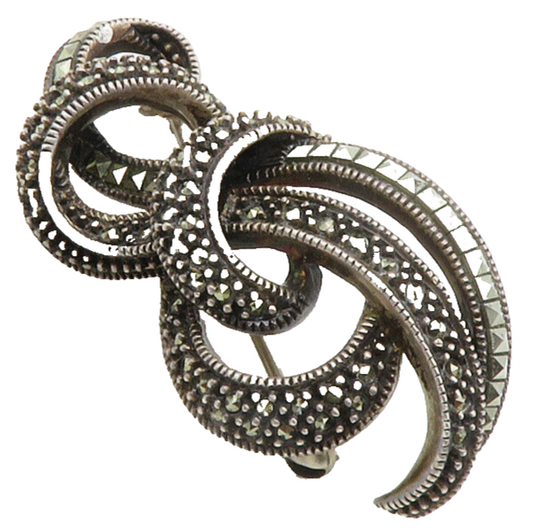 JUDITH JACK 925 Silver  Vintage Marcasite Swirl Design Brooch Pin  BP5133