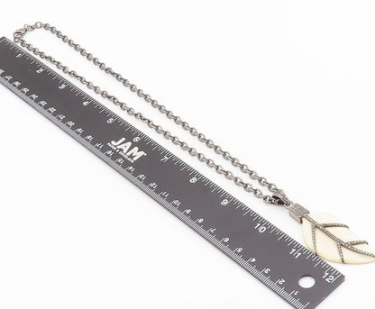 925 Sterling Silver Vintage Necklace Dark Tone Diamonds Inlay Leaf Carved NE4450