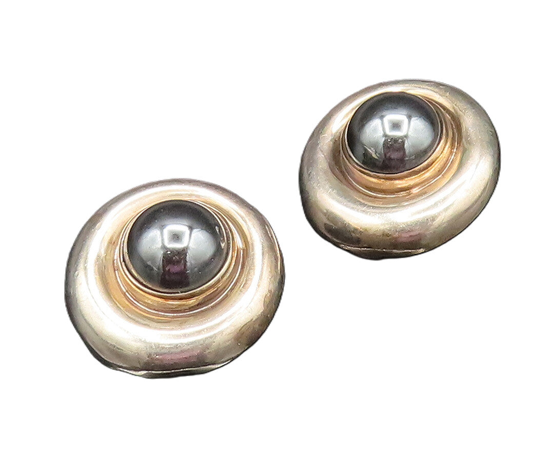 925 Silver  Vintage Cabochon Hematite Round Non Pierced Earrings  EG11921