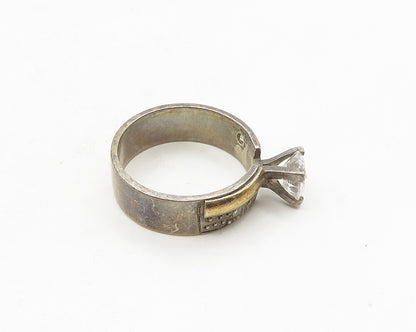 925 Silver & 14K GOLD  Vintage Cubic Zirconia Solitaire Ring Sz 8  RG18214