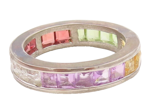925 Sterling Silver Vintage Ring Multi Color Square Cut Topaz  Sz 8  RG29196