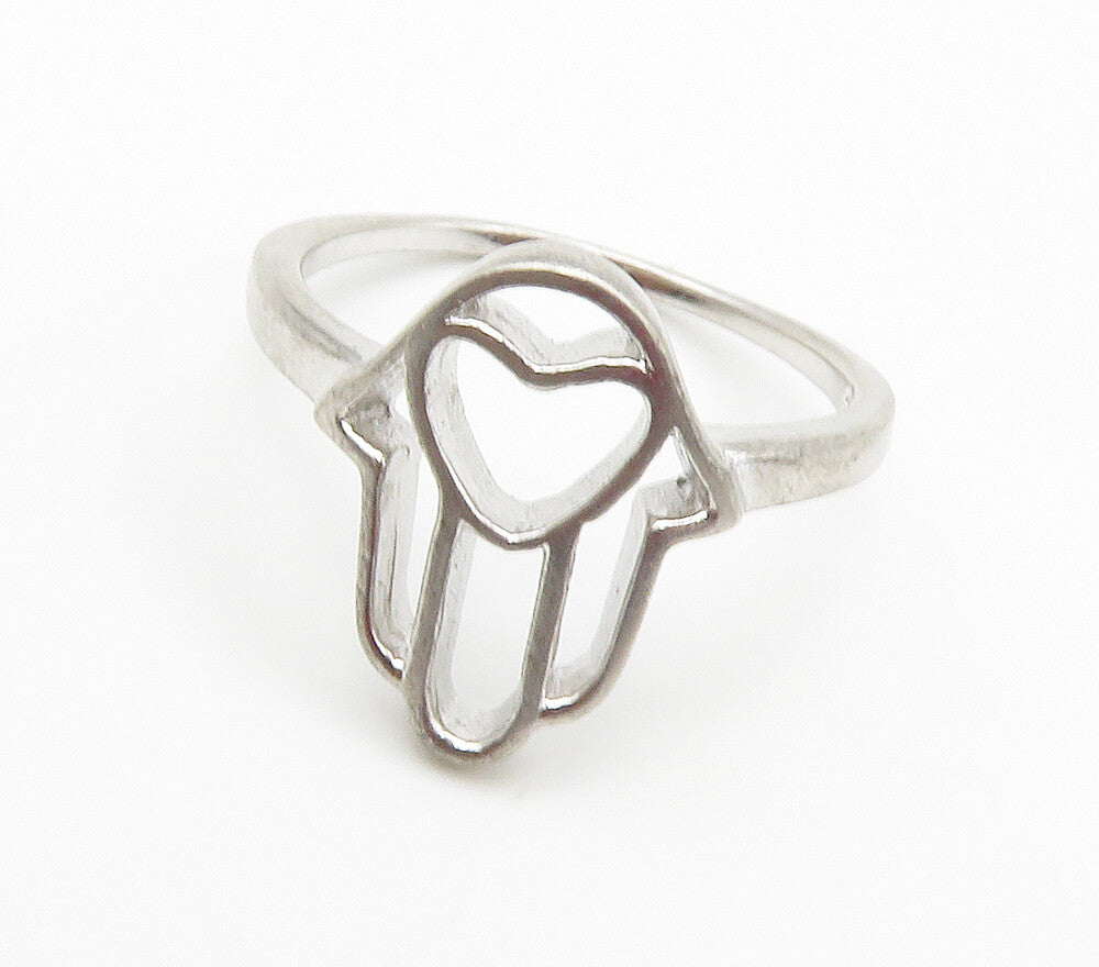 925 Sterling Silver  Vintage Shiny Love Heart Hamsa Band Ring Sz 7  RG15296