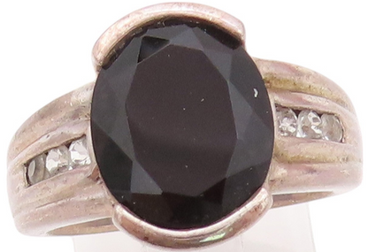 925 Sterling Silver Vintage Ring Minimalist Oval Onyx Round CZ  Sz 7  RG32332