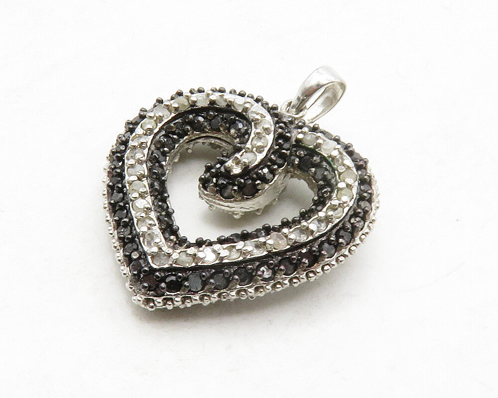 925 Silver Genuine Black & White Diamonds Double Sided Heart Pendant PT10380