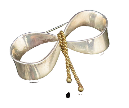 MEXICO 925 Sterling Silver Vintage Two Tone Ribbon Bow Tie Brooch Pin BP10040