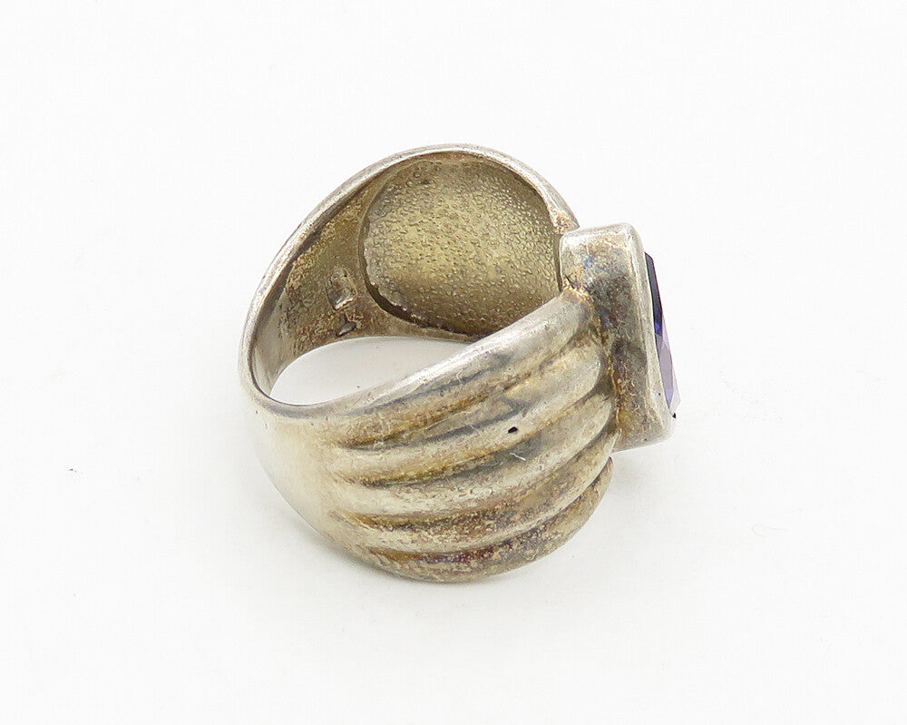 925 Sterling Silver  Vintage Marquise Amethyst Fluted Band Ring Sz 7  RG19636