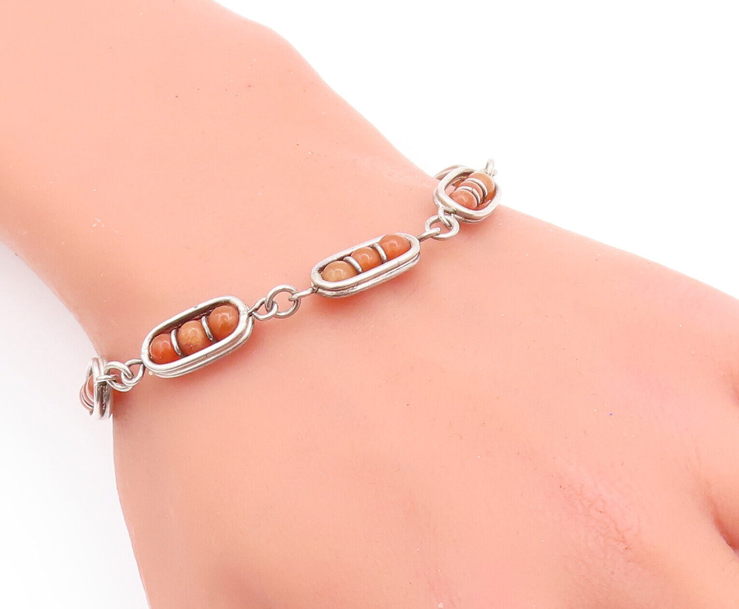 925 Sterling Silver Vintage Bracelet Brown Bead Shape Gemstones Rows  BT10615