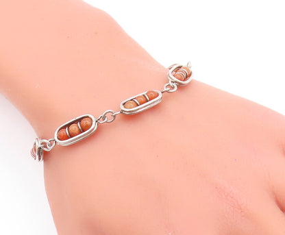 925 Sterling Silver Vintage Bracelet Brown Bead Shape Gemstones Rows  BT10615