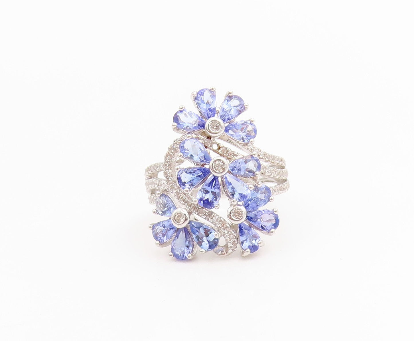 925 Sterling Silver Vintage Ring Tanzanite & CZ Floral Design Band Sz 7 RG33882