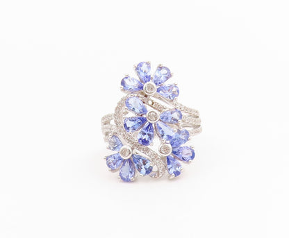 925 Sterling Silver Vintage Ring Tanzanite & CZ Floral Design Band Sz 7 RG33882