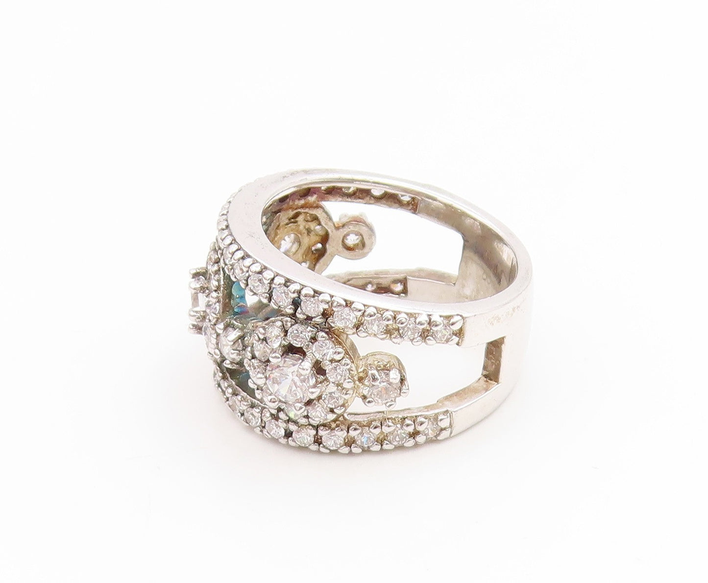 925 Sterling Silver Vintage Ring CZ Halo Circles Openwork Band  Sz 8  RG35148