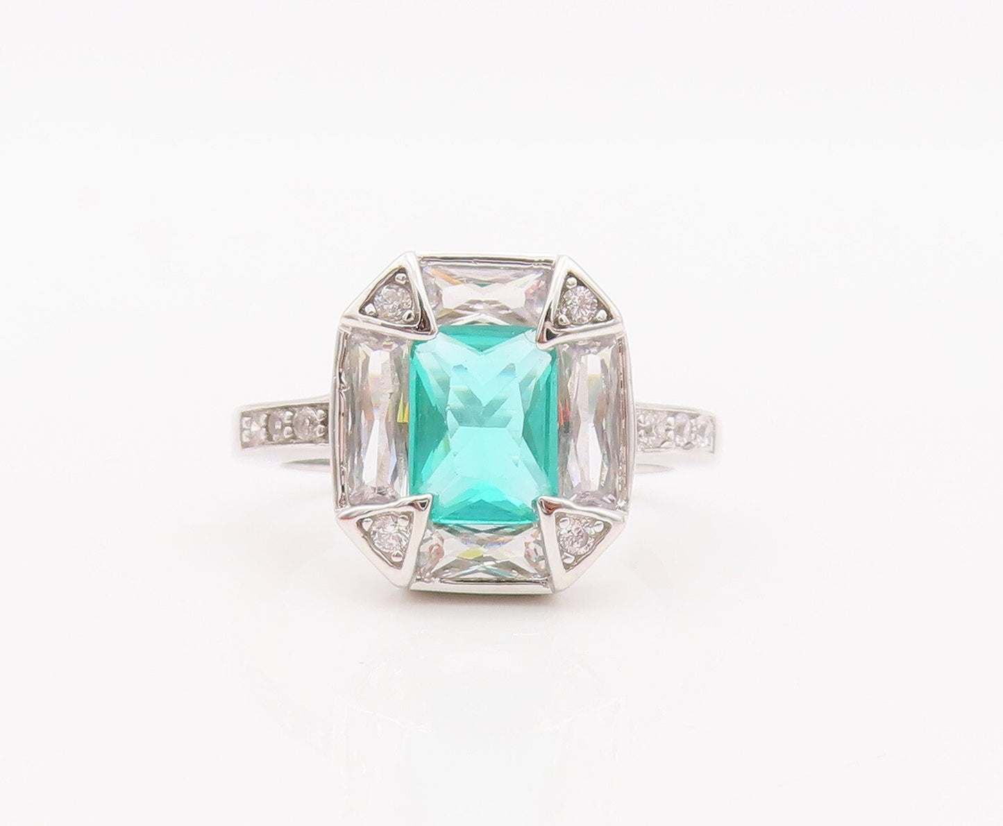 925 Sterling Silver Vintage Ring Rectangle Sea Green White CZ Frame Sz 7 RG29897