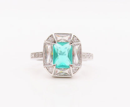 925 Sterling Silver Vintage Ring Rectangle Sea Green White CZ Frame Sz 7 RG29897