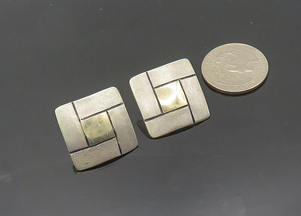 ISRAEL 925 Silver & 14K GOLD  Vintage Two Tone Square Drop Earrings  EG10177