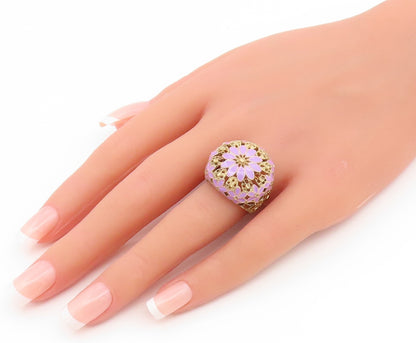 925 Sterling Silver Vintage Ring Gold Plated Enamel Floral Dome  Sz 7  RG35113
