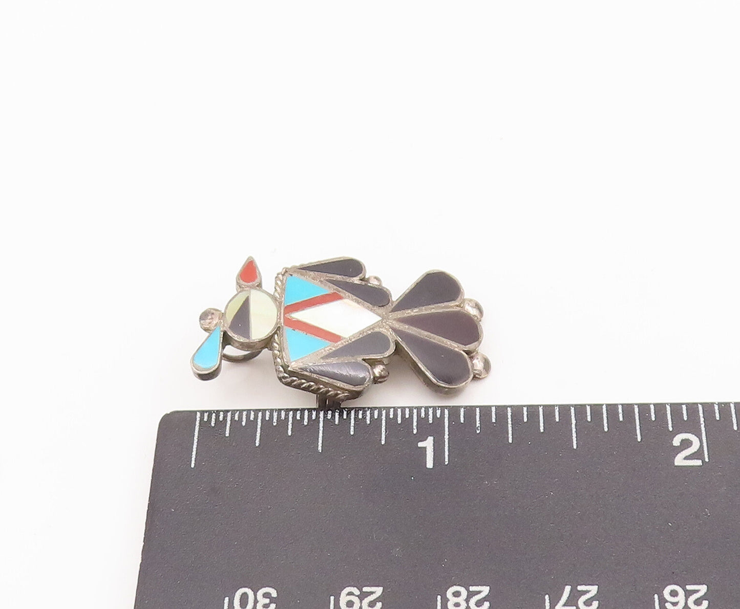 925 Sterling Silver Vintage Brooch Pin NAVAJO ZUNI Multi Stone Peacock  BP10690