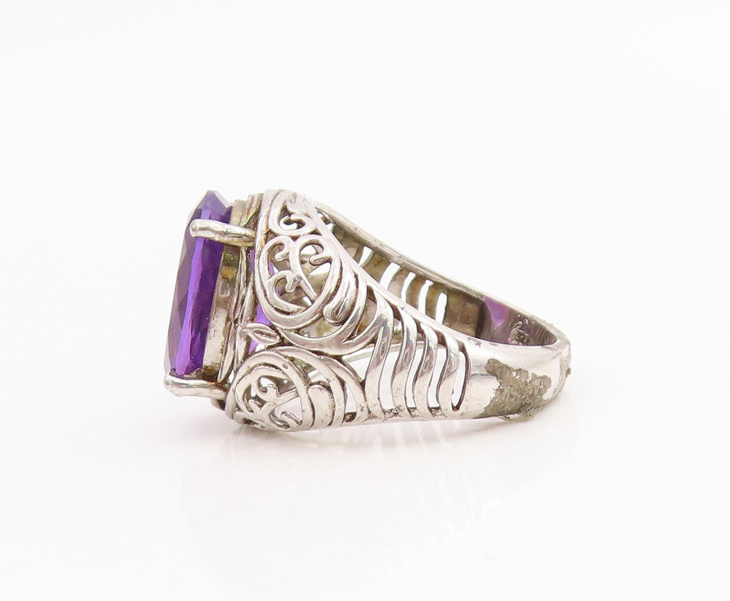 925 Sterling Silver Vintage Ring Amethyst Open Scrollwork Band  Sz 7.5  RG34788