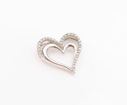 925 Sterling Silver  Vintage Genuine Diamonds Open Love Heart Pendant  PT16261