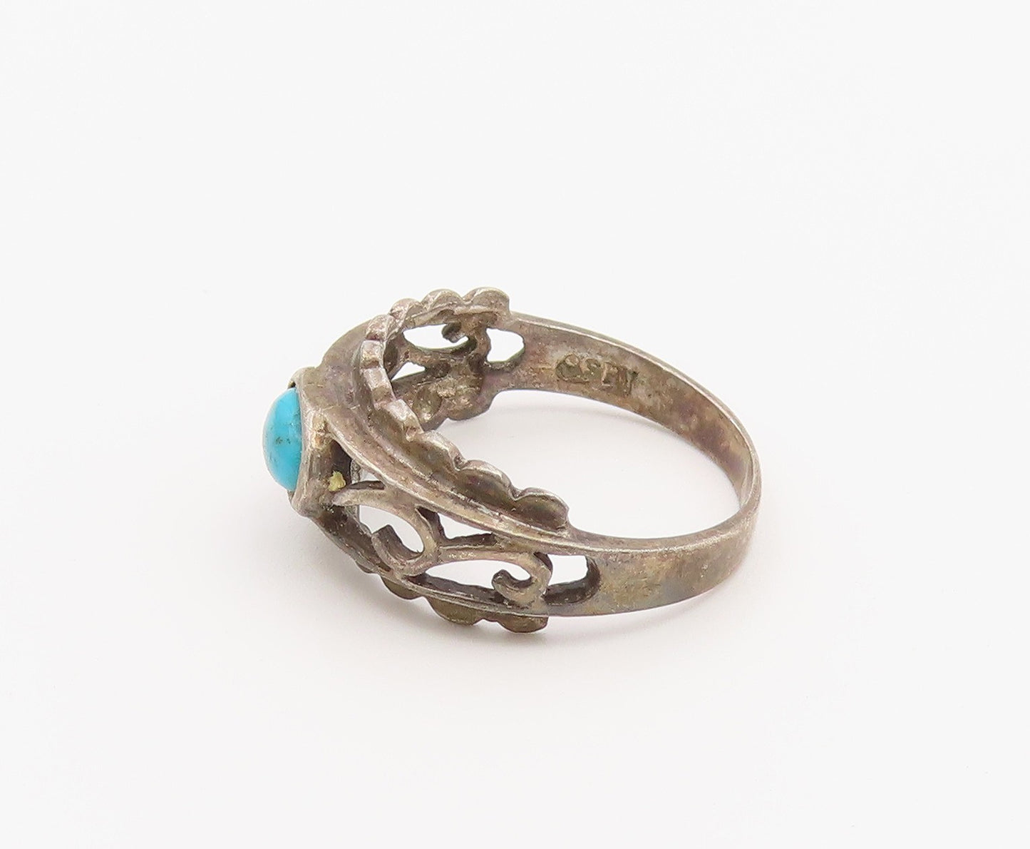 925 Sterling Silver Vintage Ring Cabochon Turquoise Openwork Band  Sz 6  RG36876