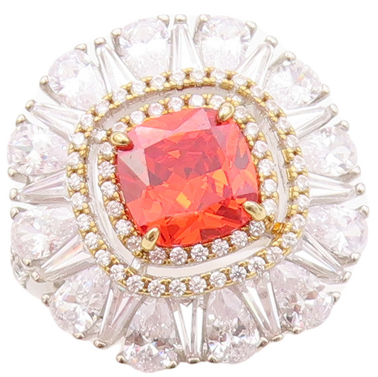 925 Sterling Silver Vintage Ring Floral Orange & White CZ Inlay  Sz 7.5  RG30360