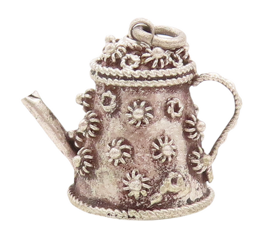 925 Sterling Silver Vintage Pendant Solid Coiled Floral Carved Tea Pot  PT23163