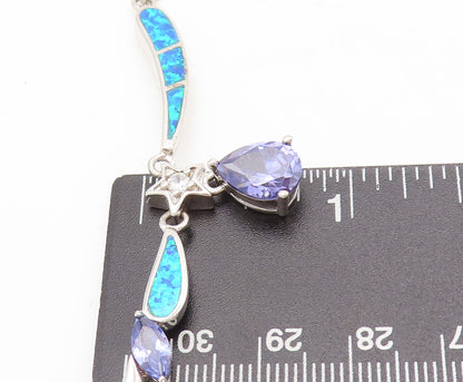 925 Silver  Vintage Water Drop Inlay Fire Opal Star Purple CZ Necklace  NE4217