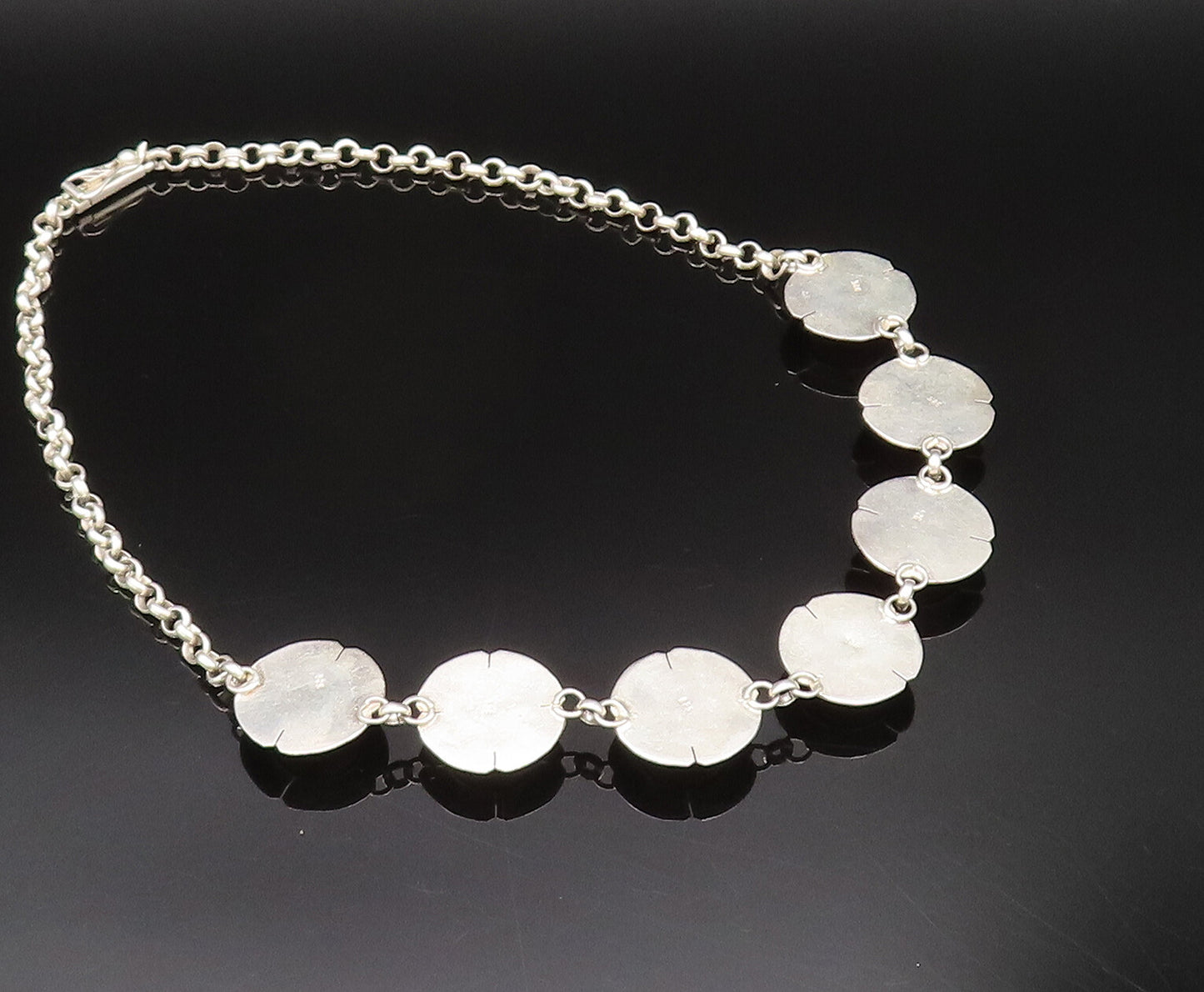 925 Sterling Silver  Vintage Seven Stone Cabochon Agate Chain Necklace  NE3998