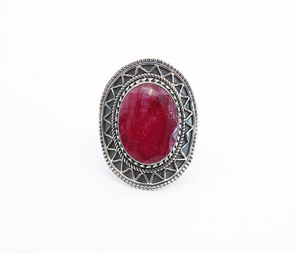 925 Sterling Silver  Ruby Shiny Wavy Border Oval Cocktail Ring Sz 8.5  RG8138