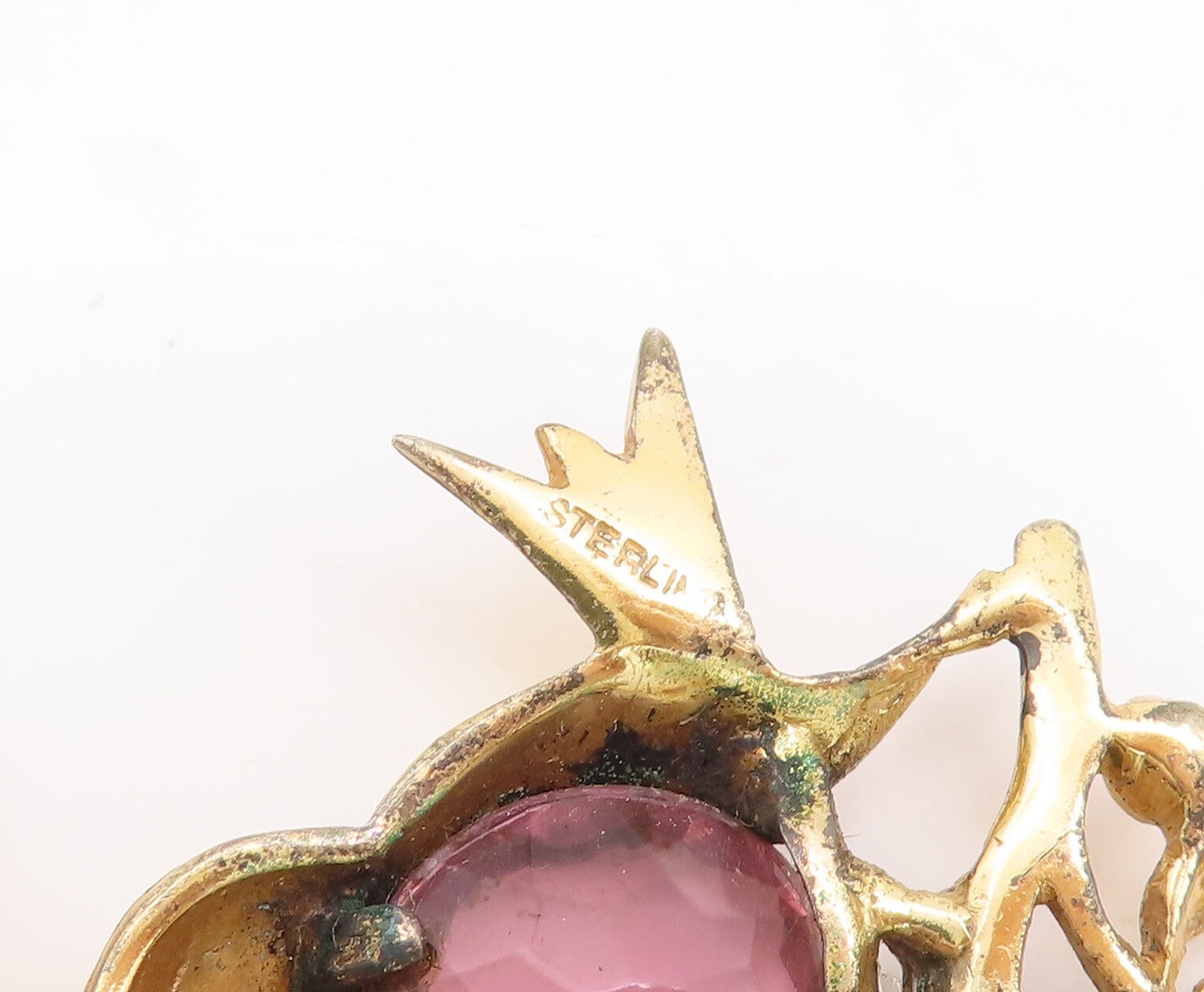 925 Sterling Silver Vintage Brooch Pin CZ Inlay Birds Under Umbrella  BP11053
