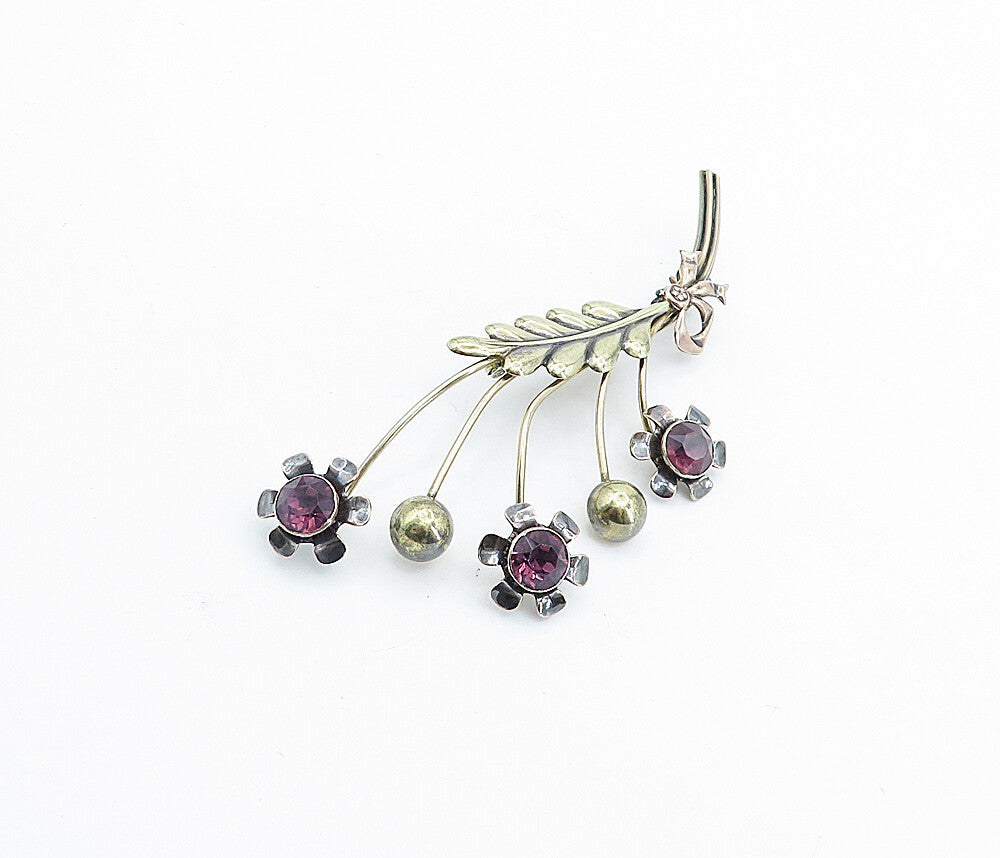VAN DELL 925 Sterling Silver  Vintage Amethyst Flower Bunch Brooch Pin  BP2661