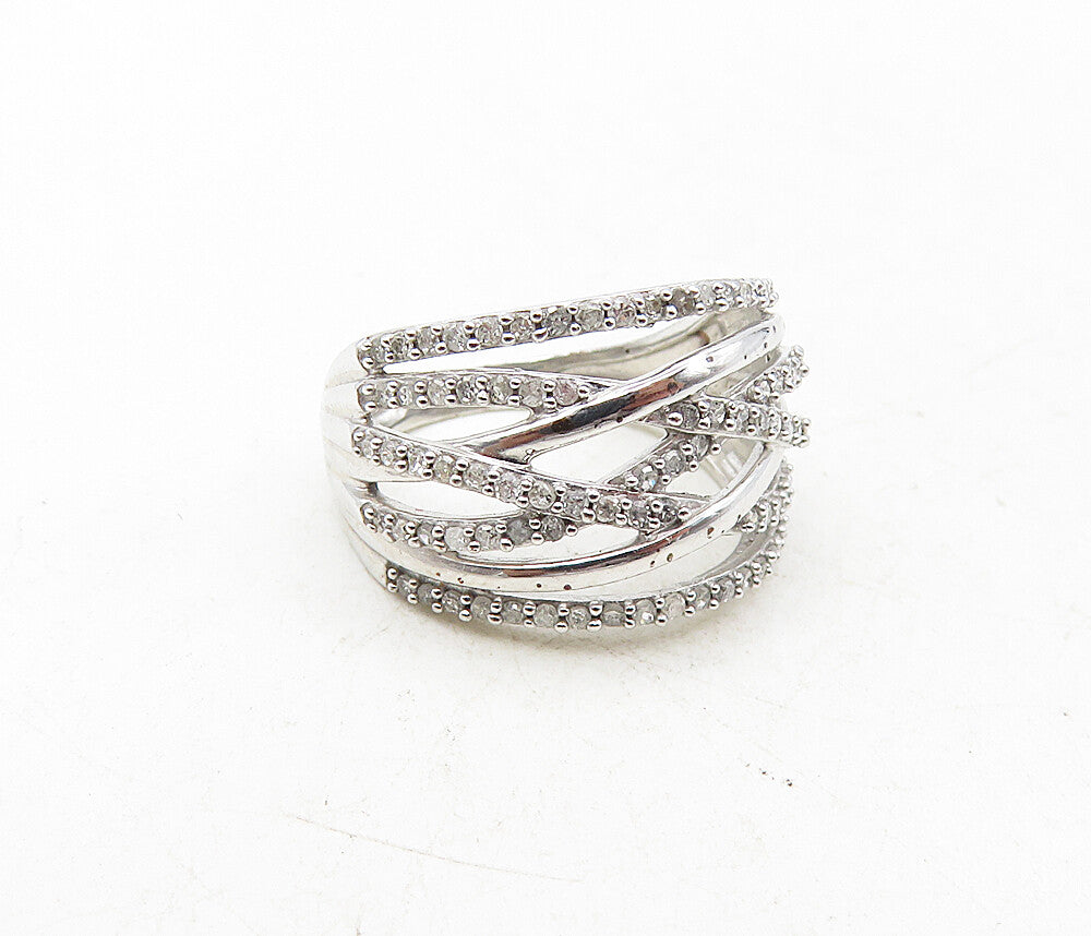 925 Sterling Silver  Shiny Genuine Diamonds Interlaced Band Ring Sz 5  RG9283