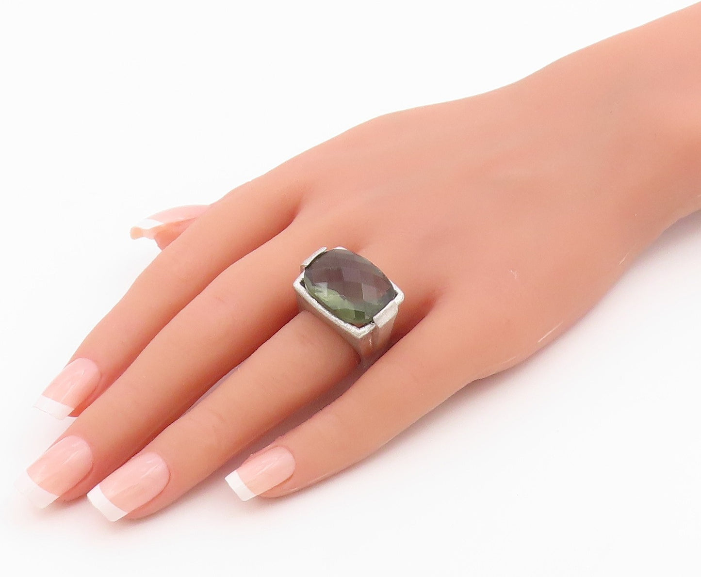 925 Sterling Silver Vintage Ring Faceted Green Amethyst Band  Sz 6  RG36420